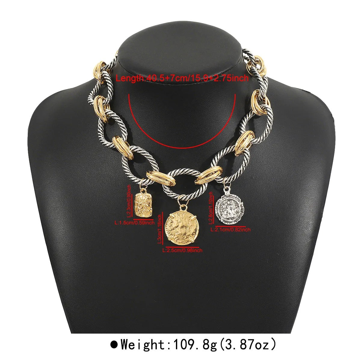 Vintage Dual-Tone Rope Chain Necklace – Retro Coin Statement Jewelry