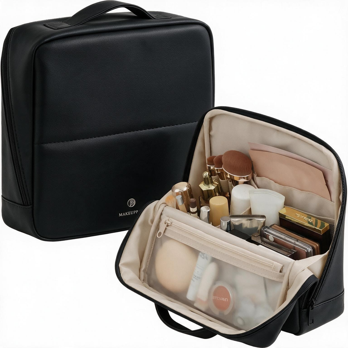 Waterproof Leather Makeup Bag – Clean Girl Travel Vanity Organizer with Luggage Strap