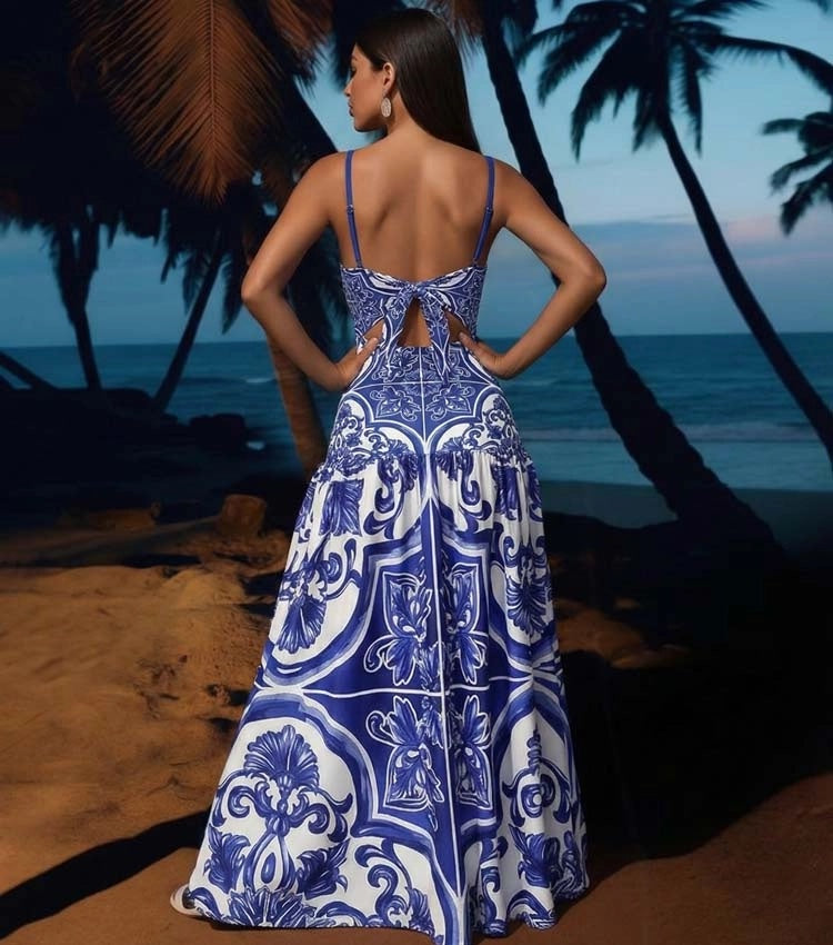 Blue Majolica Print One-Piece Swimsuit & Skirt Set – Adjustable Straps, Classic Vintage Beach Style