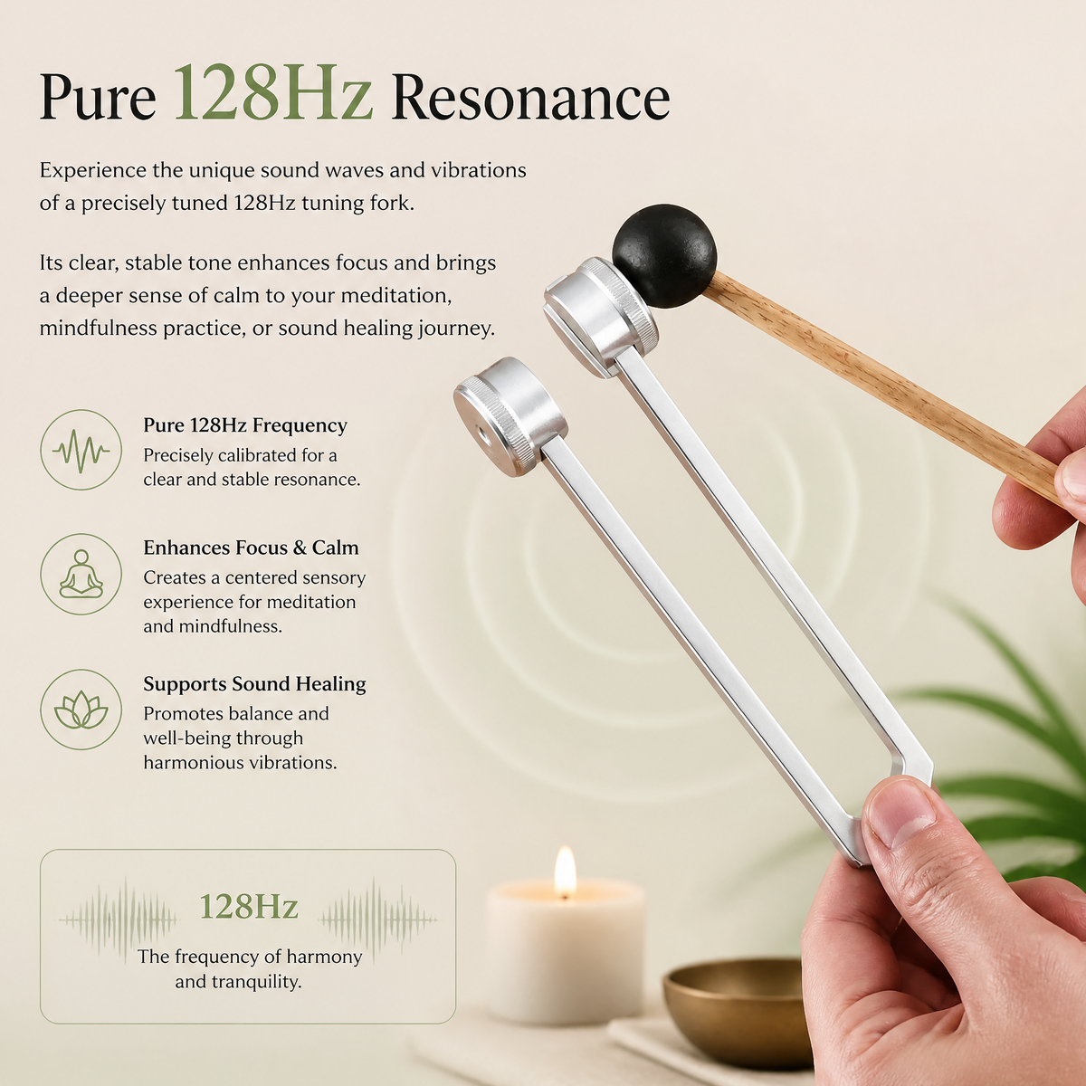 128Hz Healing Tuning Fork Set with Mallet & Pouch