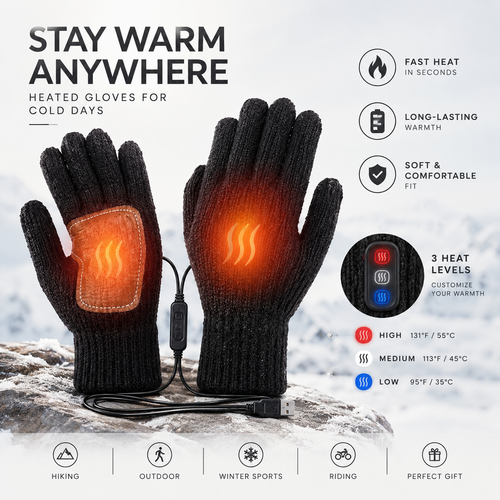 USB Heated Gloves – 3 Heat Levels, Portable Warmth for Skiing, Fishing & Hiking