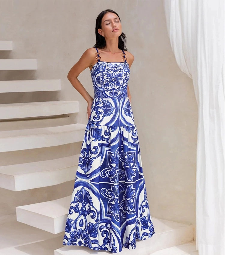 Blue Majolica Print One-Piece Swimsuit & Skirt Set – Adjustable Straps, Classic Vintage Beach Style