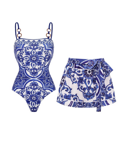 Blue Majolica Print One-Piece Swimsuit & Skirt Set – Adjustable Straps, Classic Vintage Beach Style