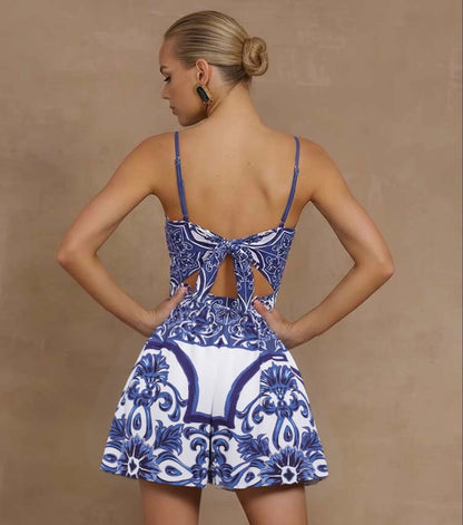 Blue Majolica Print One-Piece Swimsuit & Skirt Set – Adjustable Straps, Classic Vintage Beach Style