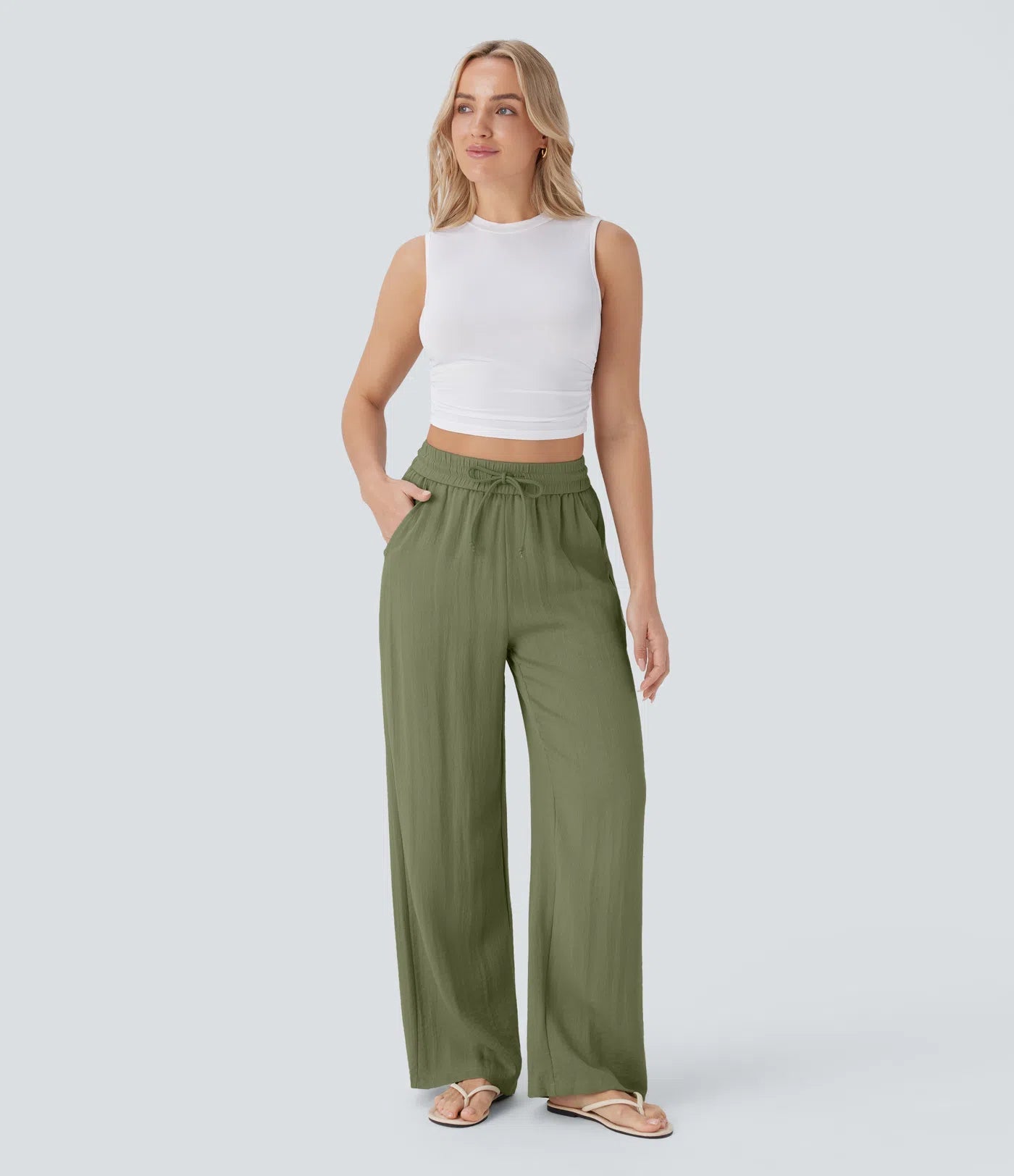 High Waisted Wide Leg Linen-Feel Drawstring Pants with Pockets