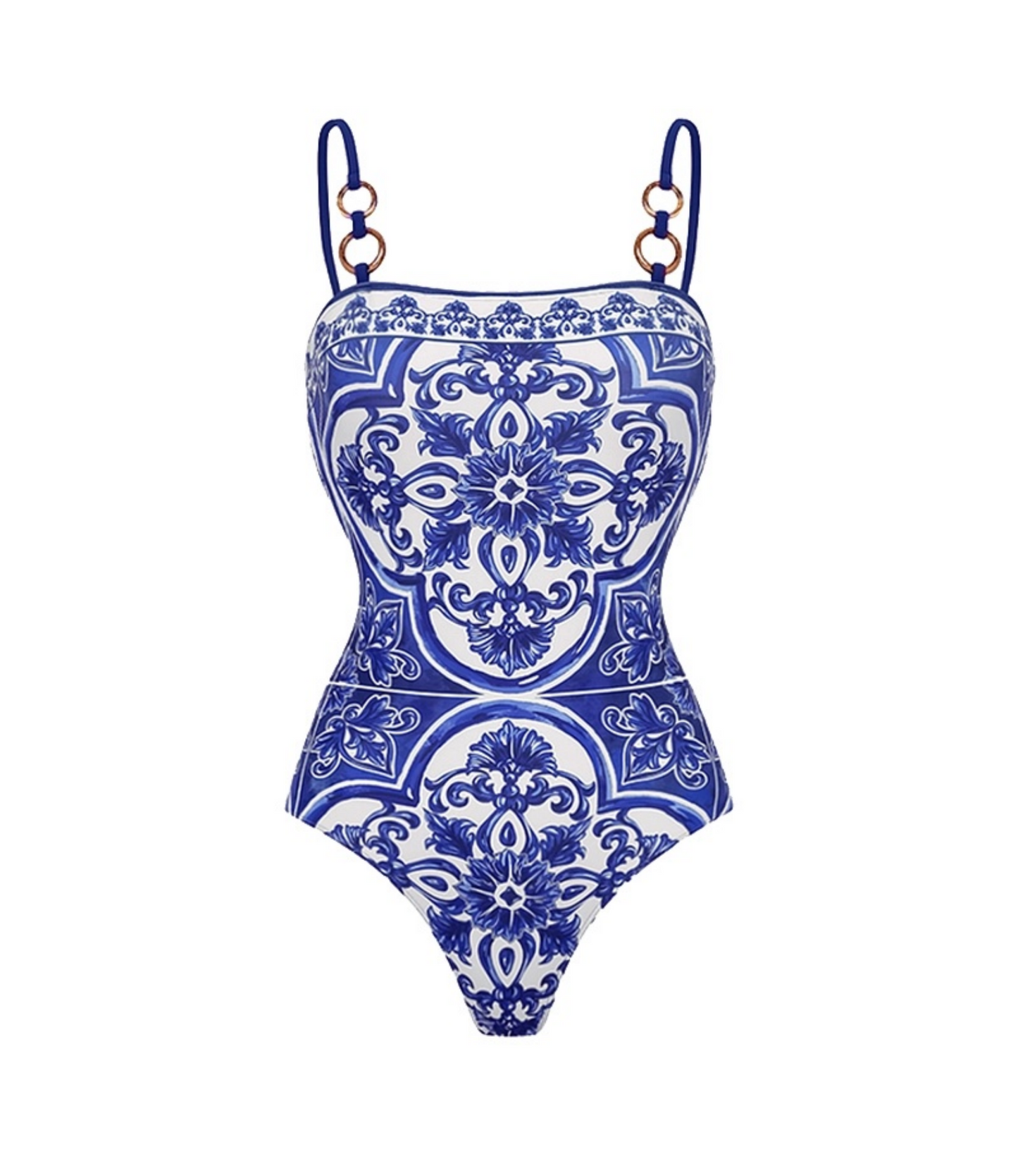 Blue Majolica Print One-Piece Swimsuit & Skirt Set – Adjustable Straps, Classic Vintage Beach Style