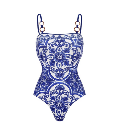 Blue Majolica Print One-Piece Swimsuit & Skirt Set – Adjustable Straps, Classic Vintage Beach Style