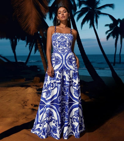 Blue Majolica Print One-Piece Swimsuit & Skirt Set – Adjustable Straps, Classic Vintage Beach Style
