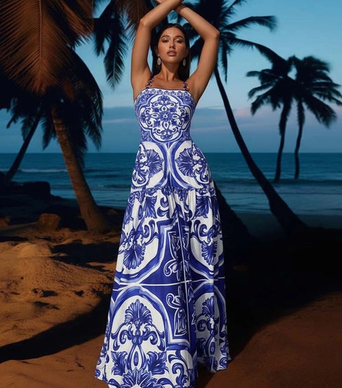 Blue Majolica Print One-Piece Swimsuit & Skirt Set – Adjustable Straps, Classic Vintage Beach Style