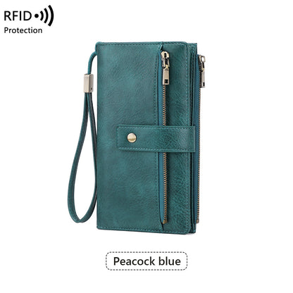 Women’s RFID Blocking Long Trifold Leather Wallet with Wristlet