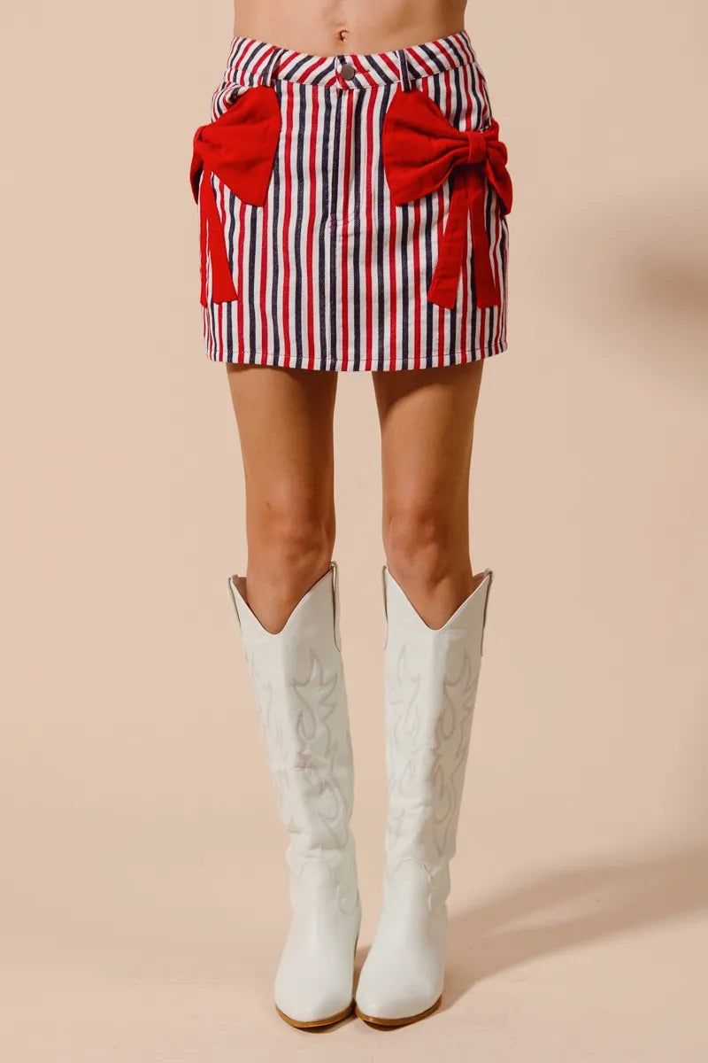 Contrast Bow Knot Pocket Denim Skirt