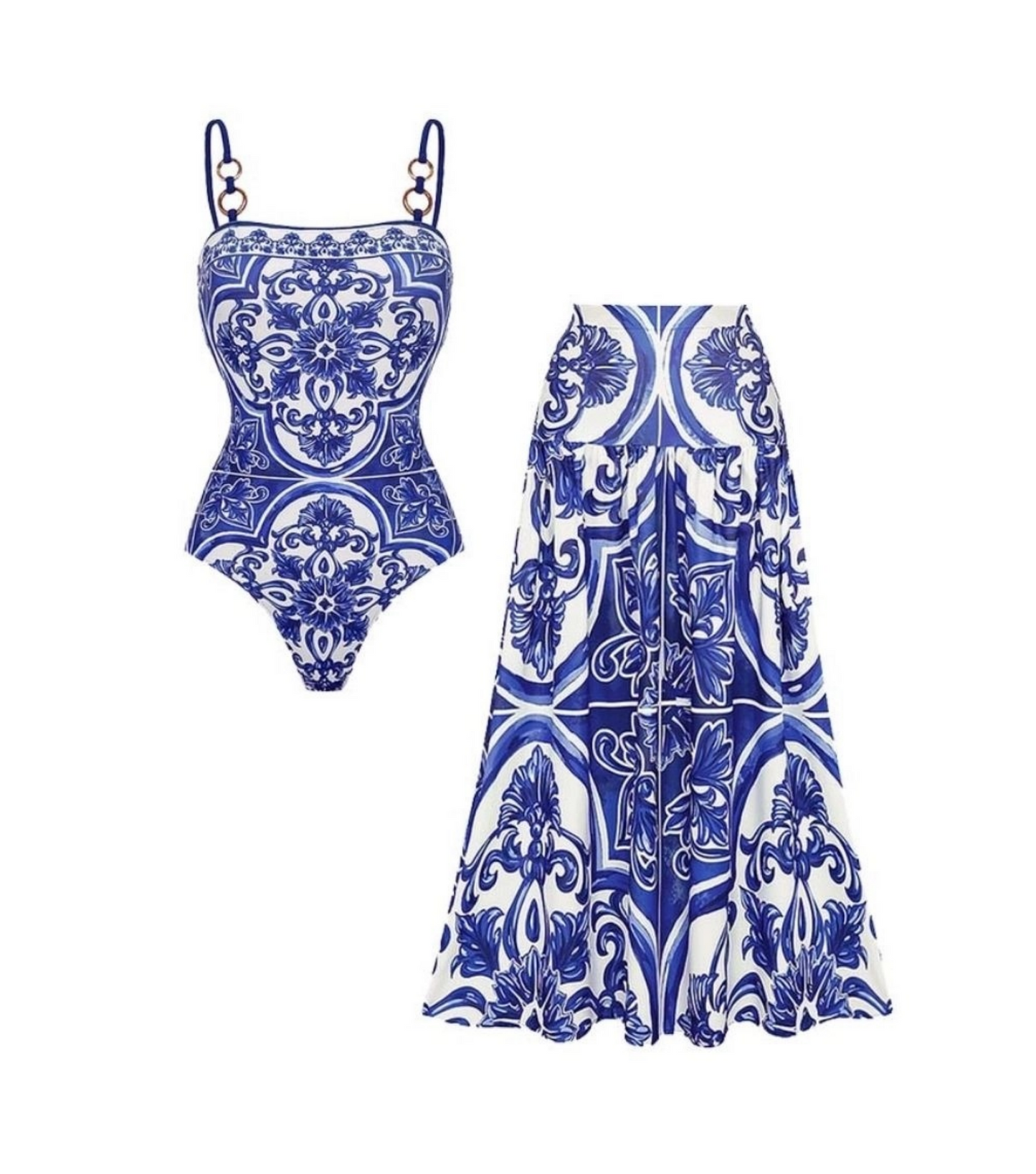 Blue Majolica Print One-Piece Swimsuit & Skirt Set – Adjustable Straps, Classic Vintage Beach Style