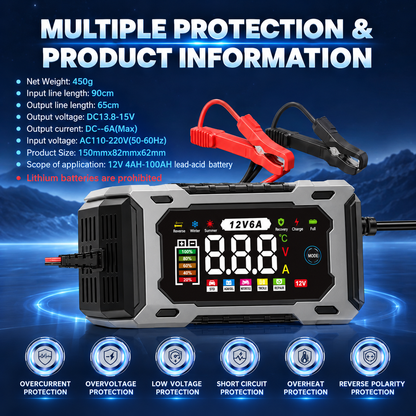12V 6A Smart Battery Charger Maintainer|Fully Automatic Trickle Charger
