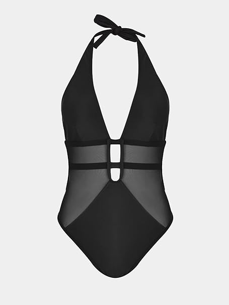 Mesh Plunging Halter One Piece Swimsuit