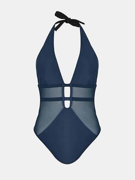 Mesh Plunging Halter One Piece Swimsuit