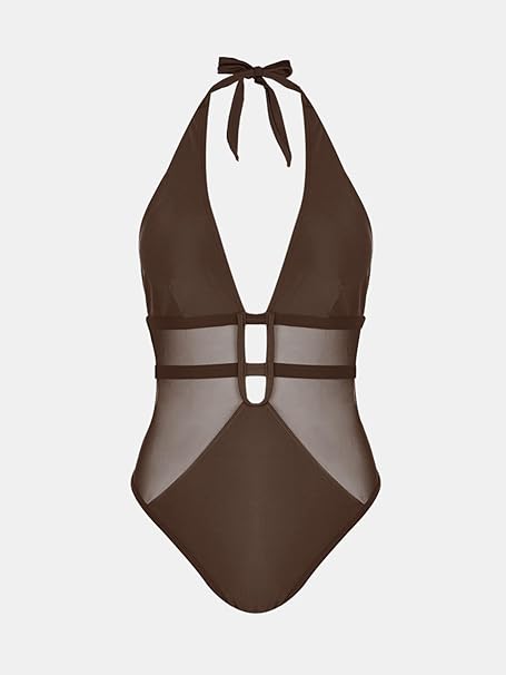 Mesh Plunging Halter One Piece Swimsuit