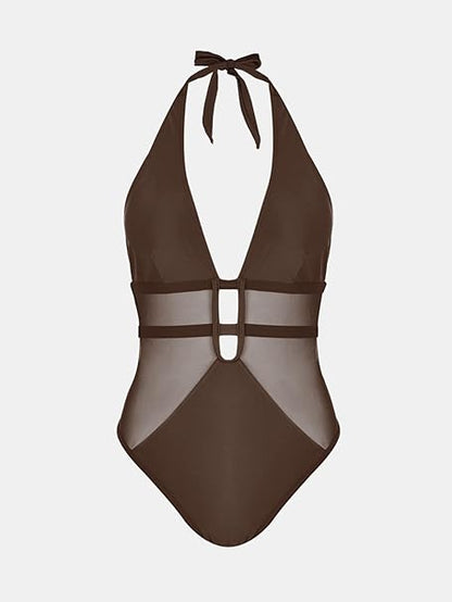 Mesh Plunging Halter One Piece Swimsuit