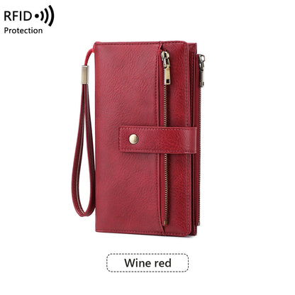 Women’s RFID Blocking Long Trifold Leather Wallet with Wristlet