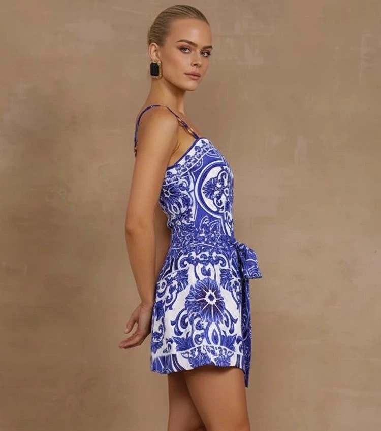 Blue Majolica Print One-Piece Swimsuit & Skirt Set – Adjustable Straps, Classic Vintage Beach Style