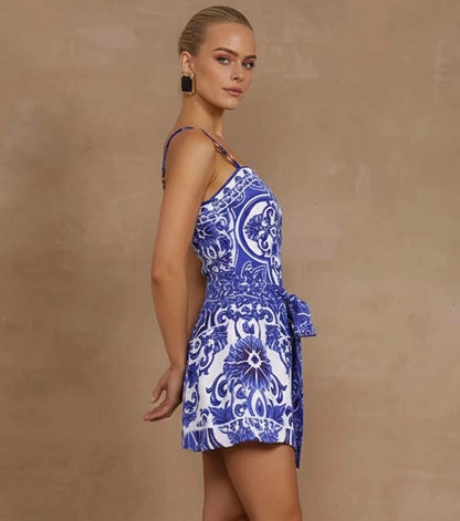 Blue Majolica Print One-Piece Swimsuit & Skirt Set – Adjustable Straps, Classic Vintage Beach Style