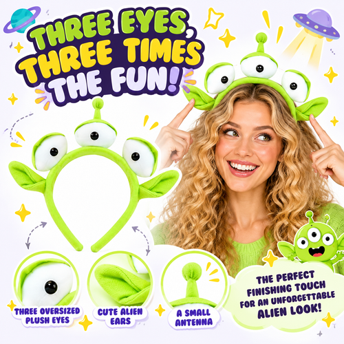 Green Three-Eyed Alien Plush Headband for Halloween Cosplay