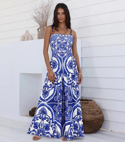 Blue Majolica Print One-Piece Swimsuit & Skirt Set – Adjustable Straps, Classic Vintage Beach Style