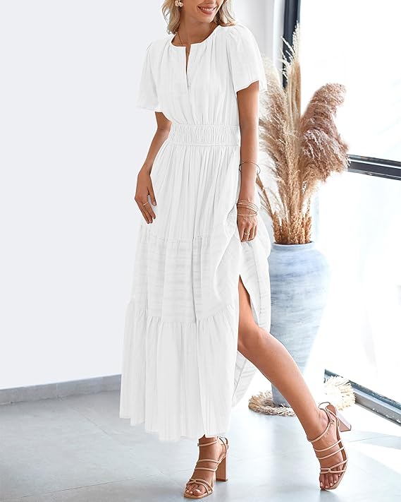 💃V Neck Elastic Waist Boho Beach Dress Pockets