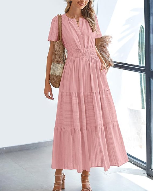 V Neck Elastic Waist Boho Beach Dress Pockets