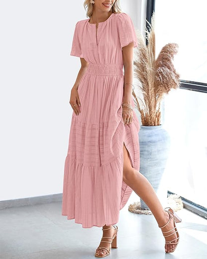 💃V Neck Elastic Waist Boho Beach Dress Pockets