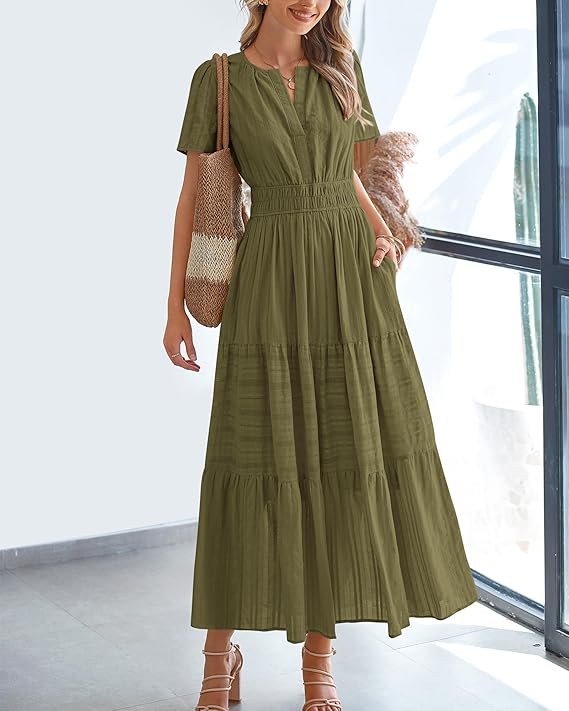 💃V Neck Elastic Waist Boho Beach Dress Pockets