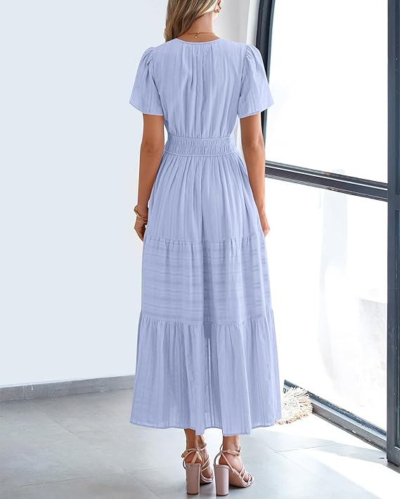 💃V Neck Elastic Waist Boho Beach Dress Pockets