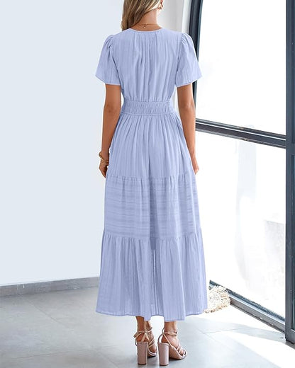💃V Neck Elastic Waist Boho Beach Dress Pockets