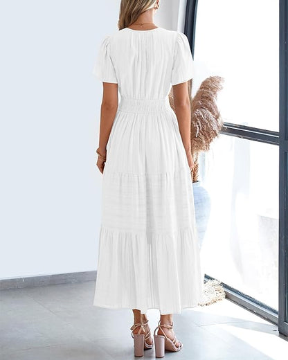 💃V Neck Elastic Waist Boho Beach Dress Pockets
