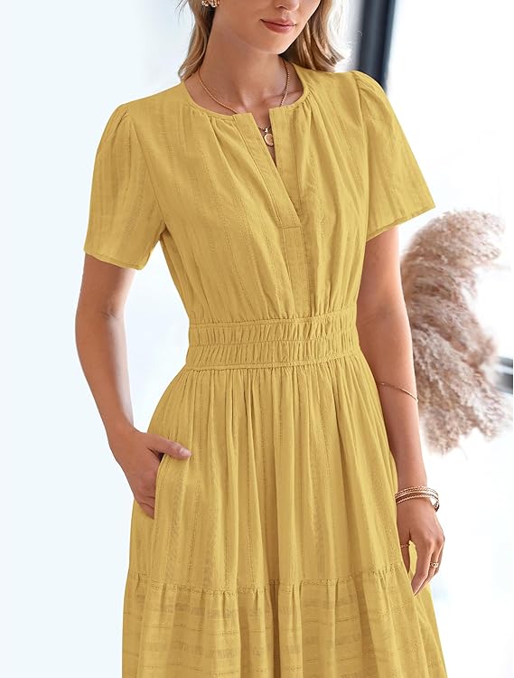 💃V Neck Elastic Waist Boho Beach Dress Pockets
