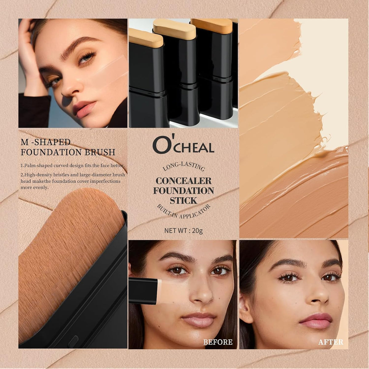 Dual-Ended Foundation Stick with 6 Concealer Shades & Blending Brush