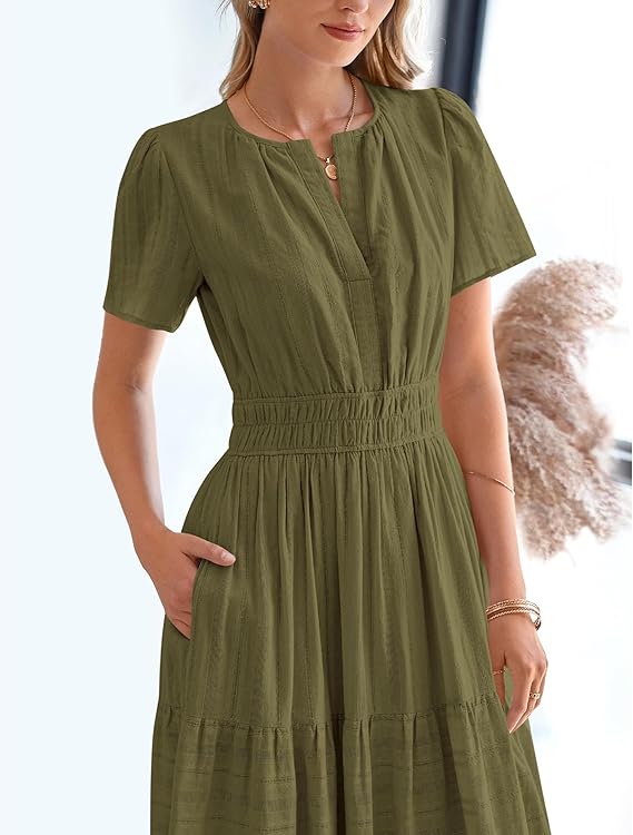 💃V Neck Elastic Waist Boho Beach Dress Pockets