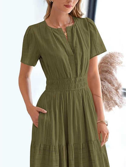 💃V Neck Elastic Waist Boho Beach Dress Pockets
