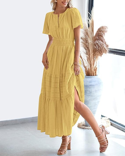 💃V Neck Elastic Waist Boho Beach Dress Pockets
