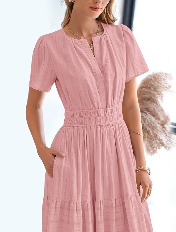 💃V Neck Elastic Waist Boho Beach Dress Pockets