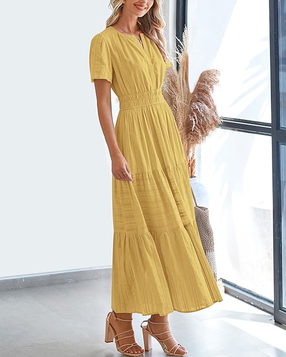 💃V Neck Elastic Waist Boho Beach Dress Pockets