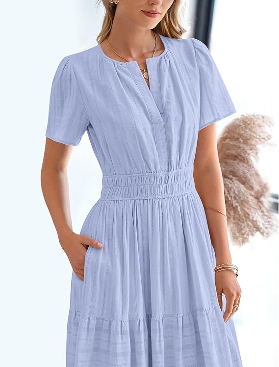 💃V Neck Elastic Waist Boho Beach Dress Pockets