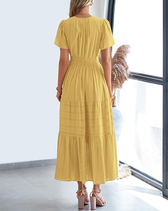 💃V Neck Elastic Waist Boho Beach Dress Pockets