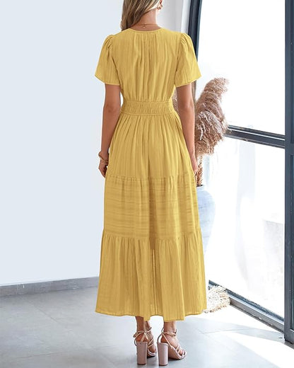 💃V Neck Elastic Waist Boho Beach Dress Pockets