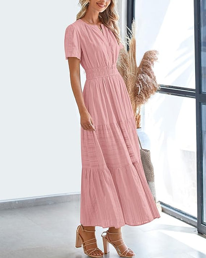 💃V Neck Elastic Waist Boho Beach Dress Pockets