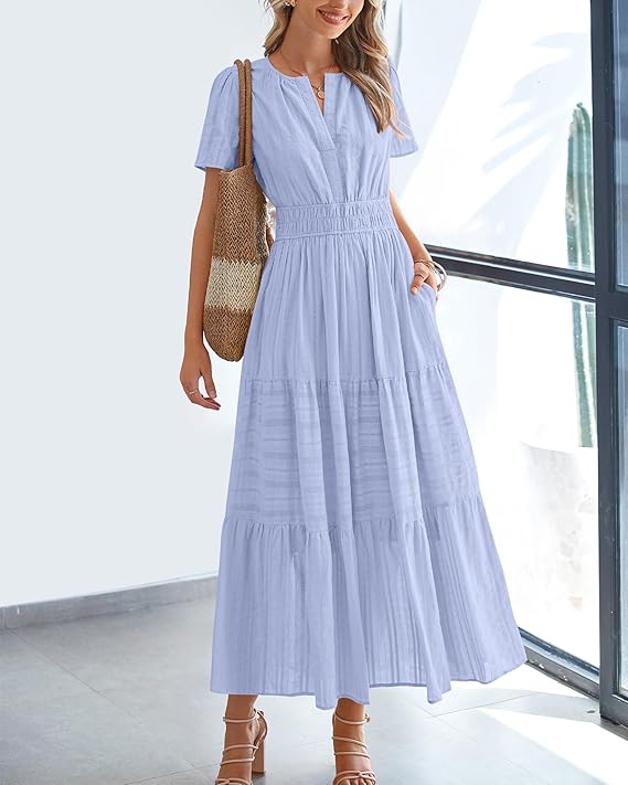 💃V Neck Elastic Waist Boho Beach Dress Pockets