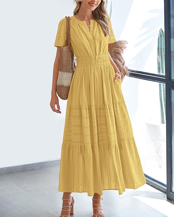 💃V Neck Elastic Waist Boho Beach Dress Pockets