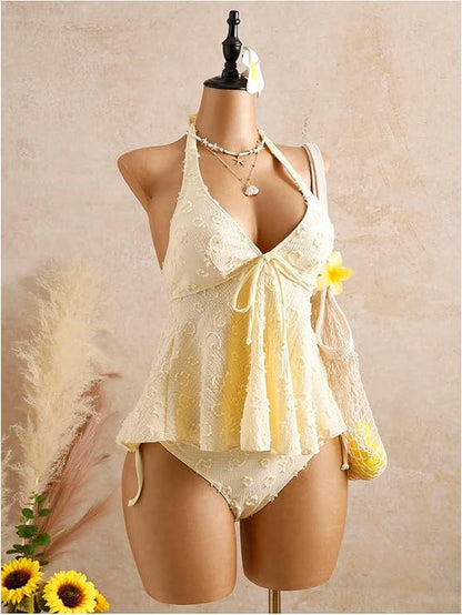 Textured Floral Halter Deep V Tankini Set