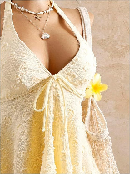 Textured Floral Halter Deep V Tankini Set