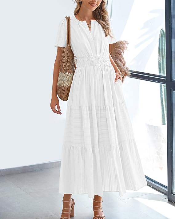 💃V Neck Elastic Waist Boho Beach Dress Pockets