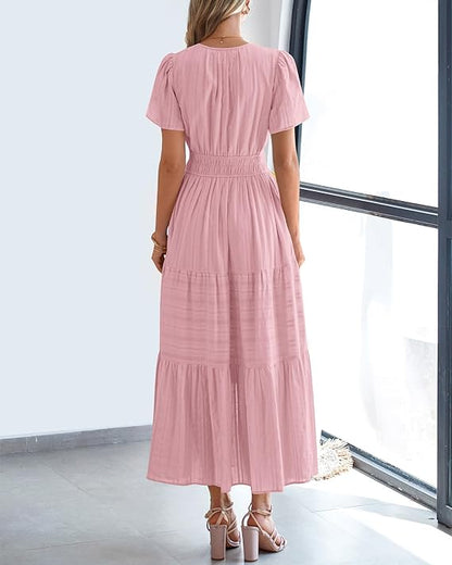 💃V Neck Elastic Waist Boho Beach Dress Pockets
